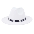 Close-up of white wool fedora with black leather belt and silver metal stud details - White