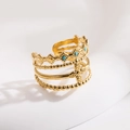 Goldener mehrlagiger offener Ring mit Türkisperlen und Kleeblatt-Design im Vintage-Stil - R01014-Mehrlagig Kleeblatt Türkis