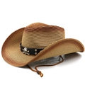 Gradient brown straw cowboy hat with punk skull leather band and adjustable chin strap - M(56-58cm) / Khaki Rust Red