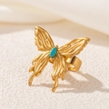 Bohemian 18K gold plated stainless steel butterfly ring with turquoise gemstone inlay - Butterfly Turquoise Style (2549-6)