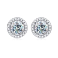 Macro shot of silver halo stud earrings with round moissanite and cluster setting detail - Round Halo Studs White Moissanite 0.5ct