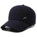 Winter navy wool baseball cap for men with warm ear protection and silver metal logo - Adjustable / Navy Blue