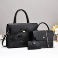 3-piece black handbag set with crocodile pattern texture and golden metal hardware - Black
