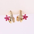 Elegant gold earrings with pavé cubic zirconia and red gem flower detail - 18K Gold / Rose Red Zirconia