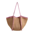 Large straw tote bag with pink fabric trim and handles for summer casual beach style - Pink