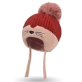 Cappello invernale in maglia per neonati rosso e rosa con pompon e ricamo di animale - Taglia unica / Rosso mattone