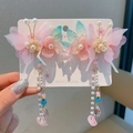 Pink butterfly hair clips with long tassels and pearls for girls' traditional costume - Taofangdie Pink Blue Clips