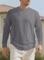 Detail of grey men's long sleeve henley shirt featuring pleated chest and single button neck - S / Gray