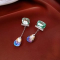 Vintage style drop earrings with green square gems and iridescent water-drop pendants - 42# Silver Earring Post - Silver - Light Green - Iridescent Water Drop Dangle