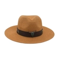 Brown western straw hat with floral leather band and bronze bull skull pendant - Khaki