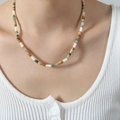 Bohemian beaded necklace featuring natural stones in earthy yellow, green, and white tones - Natural Stone Necklace-42+5cm / Multi-color