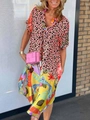 Detail showing leopard and tropical plant print on lightweight summer maxi dress - S / Tops / Orange