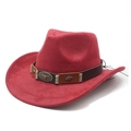 Ethnic style red faux suede cowboy hat featuring a leather belt with bull head emblem - M (56-59cm) / Red