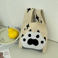 Beige knitted tote bag featuring black star and panda paw patterns for daily casual use - Cat Paw Beige