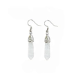 Macro detail of hexagonal white crystal column pendant earrings with silver hooks - White Crystal