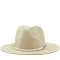 Classic beige straw fedora sun hat with bohemian shell bead trim for outdoor travel - Beige