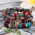 Boho Mehrlagiges Perlenarmband mit Türkis, Burgunderroten Perlen und Goldnem Schmetterling - Dunkler Mix