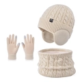 Kids winter 3-piece set with cream cable knit earflap hat, scarf, and touch gloves - 3-Piece Set - Solid Beige