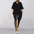 Detailed view of men's black knit V-neck short sleeve top and shorts set with cable texture - S / Top And Bottom / Black