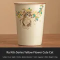 Ru-Brennofen Keramik-Katzenbecher mit Krakelee-Glasur und Maßen 8x10,2 cm - Imperial Gelb Ru Ofen Blumen Katze Tasse (Einfach)