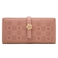 Detailed view of pink PU leather long wallet with flower buckle and embossed pattern - Pink