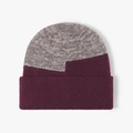Knit beanie hat in grey and burgundy color block design with thick ribbed cuff for warmth - Burgundy