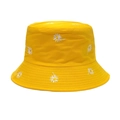 Detailed view of white daisy embroidery on the vibrant yellow cotton fisherman hat - M / Yellow