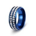 Polished electric blue titanium steel ring featuring double rows of inlaid crystals - US 5 / Blue