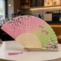 Classical floral folding fan with pink-green gradient, cherry blossom and butterfly patterns - Style 44 (New Style)