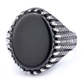 Bague vintage pour hommes en acier inoxydable avec pierre noire ovale et anneau texturé - US 7 / Pierre Synthétique Noire (03101)