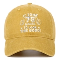 Detail of 75th birthday embroidery on a washed cotton vintage yellow baseball cap - Yellow