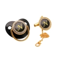 Detail of luxury black pacifier set with gold letter N and rhinestone clip - Letter N