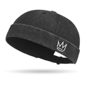 Bonnet docker vintage en coton délavé noir avec broderie couronne blanche unisexe - Réglable / Noir