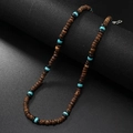Men's bohemian surf necklace featuring brown wood beads and turquoise stones - Brown Coconut Shell with Black Beads and Turquoise
