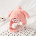 Pink knit baby earflap hat with cute plush animal ears and wooden button detail - Plush Penguin [Pink]