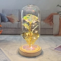 Luminous rainbow gold foil rose in glass dome with warm LED lights and wooden base - Wood Base Warm White Light + Butterfly