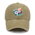 Detailed view of vintage washed cotton baseball cap with retro 90s party graphic print - M(56-58cm) / Khaki