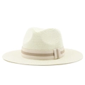 Classic straw fedora sun hat with striped ribbon detail for beach or vacation - Creamy White