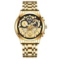Men's gold waterproof skeleton watch with multifunctional chronographs and steel band - Black Dial Gold Chain