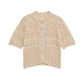 Elegant beige crochet knit cardigan with hollow geometric patterns and wave edges - S / Khaki