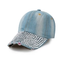 Berretto da baseball in denim lavato azzurro con strass e bordi consumati - Azzurro (Tesa con Strass n. 2)