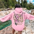 Pink oversized hoodie with cherry blossom and Jesus Loves You print on back - S / Pink