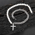 8mm stainless steel Cuban chain mixed with pearls featuring a crystal cross pendant - 8mm / 24 inch (60.96cm) / White