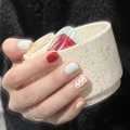 Short blue, red, and yellow gradient press-on nails with minimalist spotted design - R844 Color-blocked Polka Dot / Nail Glue Version