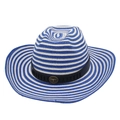 British style blue and white striped straw sun hat with cow head leather band decoration - One Size Straw Hat (Horizontal Stripe) / Blue White with Windproof Rope (Black Small Bull)