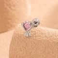 Silver bow bouquet tragus stud with pink teardrop gemstone in polished titanium steel - Single Piece / Pink