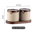 Japanese ceramic seasoning jars set of two with wooden lids and tray in beige finish - Large 2-Piece Set