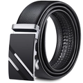 Men's black leather belt with black silver automatic buckle featuring diagonal stripes - Silver Double Bars / 120cm