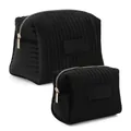 Set of two black velvet quilted makeup bags with gold zippers and soft texture - Large / Black