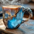 Resin and wood coffee mug with blue-brown mineral swirls and natural textured handle - Mineral Mug-Yellow Blue Ore